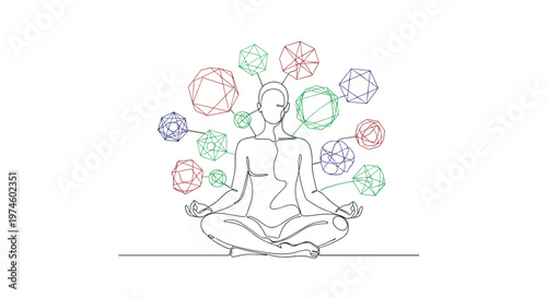 A continuous line drawing of a person meditating in a lotus position, surrounded by interconnected geometric polyhedral shapes in various colors.