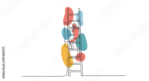A continuous line drawing of a stylized person, filled with red, actively climbing a tall, vertical ladder against a background of abstract colorful shapes.