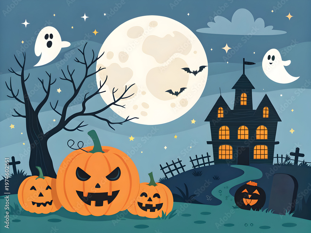 Fototapeta premium Spooky Halloween Night Background with Haunted House, Glowing Jack-o'-lanterns, and Full Moon Vector Illustration