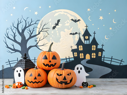 Spooky Halloween Night Background with Haunted House, Glowing Jack-o'-lanterns, and Full Moon Vector Illustration