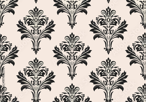 Seamless baroque pattern with delicate cream florals arranged over rich teal background