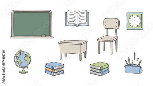 School Essentials: Illustrated collection of educational tools and items, depicting a diverse set of elements crucial for learning and the classroom environment.