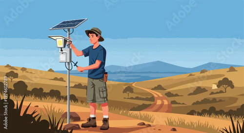 A young person wearing a hat installs a solar light pole in a rural landscape