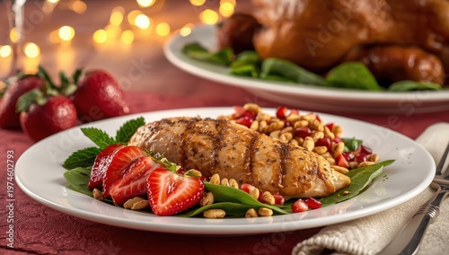 Chicken breast with strawberry salad, apples, spinach, and nuts.