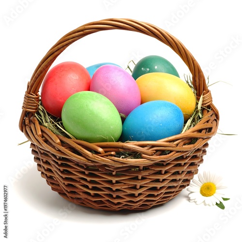 A rustic basket brimming with vibrantly colored eggs nestled among straw, beside a single white daisy