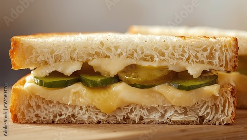 Close-up of a cheese and pickled cucumber sandwich made at home.