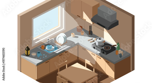 An isometric view of a sunlit kitchen interior with dishes and cooking tools
