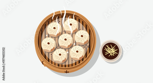 Steaming hot dumplings served in a round bamboo steamer with a dipping sauce bowl