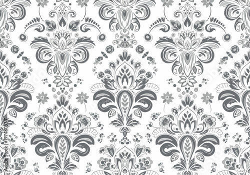 Decorative seamless pattern inspired by classical damask with refined floral arrangements