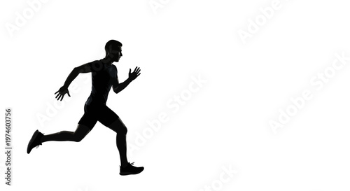 Silhouette of a male runner in motion, isolated on a white background, representing speed and athleticism.