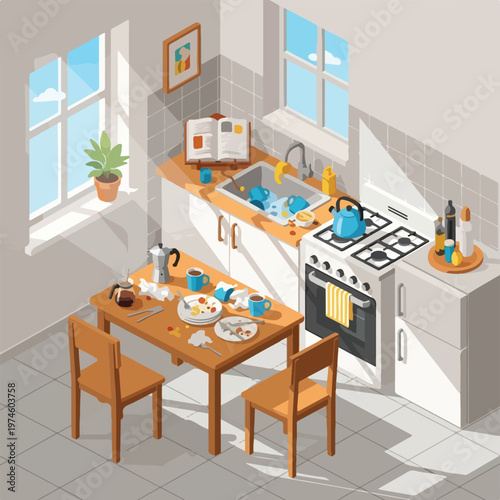 An isometric view of a sunny, cluttered kitchen with dirty dishes on the table