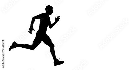 Silhouette of a male runner in motion, isolated on a white background, representing speed and fitness.