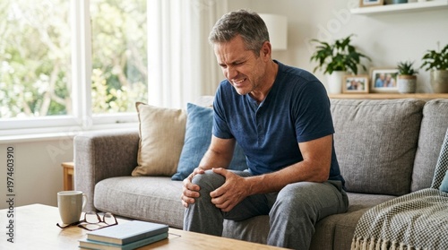 Man Experiencing Knee Pain While Sitting on Sofa at Home