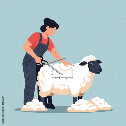 A farmer in overalls uses large shears to trim wool from a fluffy white sheep