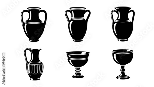 Collection of Ancient Greek Ceramic Vases and Cups Silhouette Art
