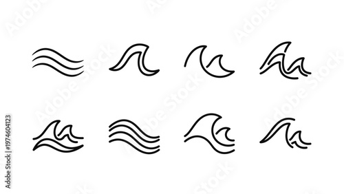 Collection of abstract linear wave icons representing water and the ocean