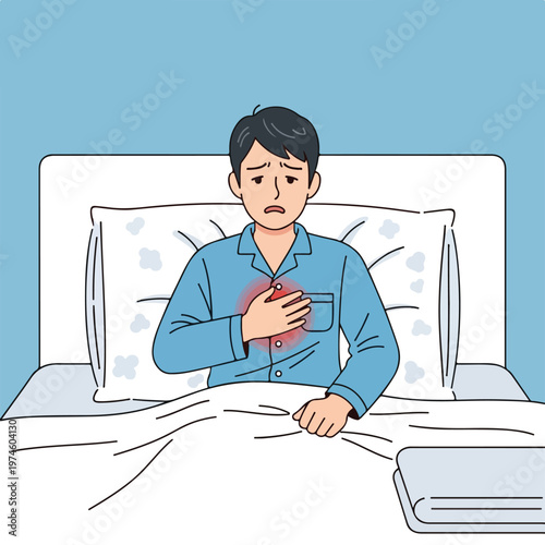 A man in pajamas sitting in bed, clutching his chest with an expression of pain