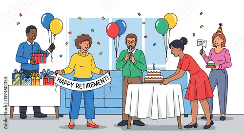Diverse group of friends celebrating a joyful retirement party with cake and gifts