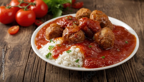 Delicious meatballs with sauce, rice, and ingredients on a wooden surface, close-up.