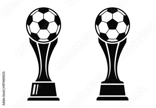 Soccer trophy illustration black and white, football championship cup with ball on ornate pedestal base, high quality detailed modern sports award design.