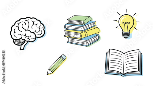 Knowledge and Inspiration Icons: a collection of illustrative icons of book, pencil, brain, bulb, notebook represents knowledge and inspiration