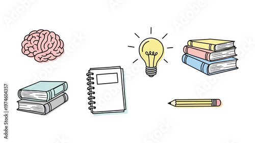 Brainstorming the next step: Capturing the essence of intellect and ingenuity through illustrated symbols: brain, lightbulb, book and pencil, representing creativity, learning.