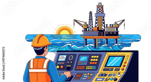 Oil rig worker controls operations from console offshore.