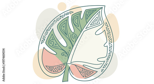 Stylized Leaf Illustration with Green and Pink.