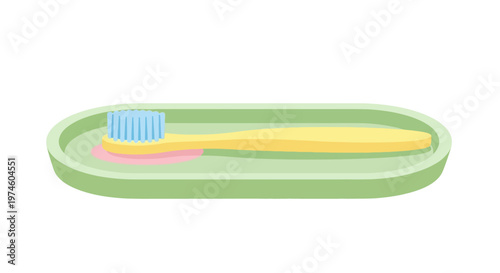 Toothbrush on Green Oval Holder with Toothpaste.
