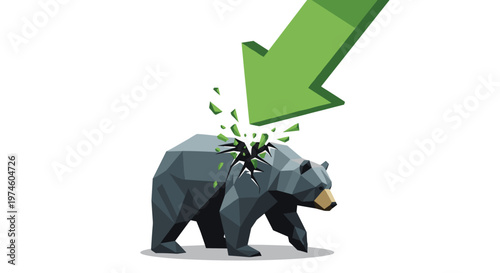 A polygonal dark grey bear is shattered on its back by a large downward-pointing green arrow, with fragments scattering.