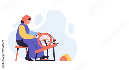 Woman Sitting on Stool Operating Pottery Wheel.