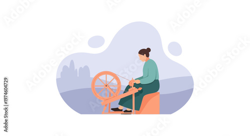 Woman Sitting on Stool Spinning Wool.