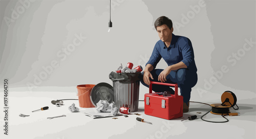 A thoughtful man in blue clothes sits by a trash can and red tool box on floor