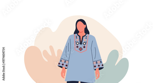 Woman Wearing Embroidered Blue Shirt Illustration.