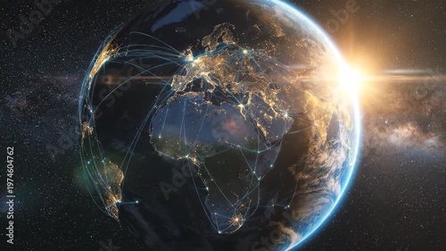 Planet Earth seen from space at night with glowing city lights and digital network lines spanning continents, sunrise edge illuminating atmosphere, deep space background with stars, cinematic cosmic