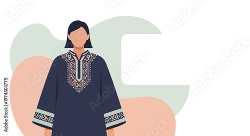 Woman Wearing Traditional Embroidered Dark Blue Dress.