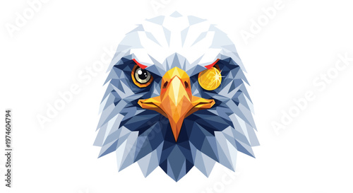 A detailed polygonal eagle head with white, blue, and grey feathers features an orange beak and a golden coin as one eye.