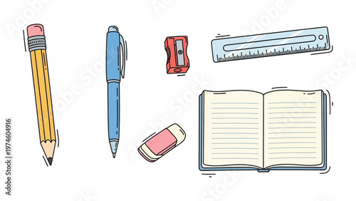 Stationery Collection: A hand-drawn ensemble of essential stationery tools including pencil, pen, sharpener, eraser, ruler, and notebook, artfully arranged to inspire creativity and organization.