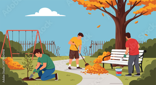 Volunteers raking leaves, planting a tree, and painting a bench in a park setting