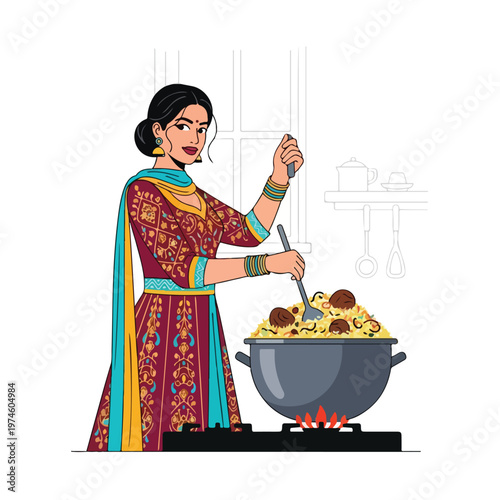 An Indian woman in traditional attire cooking a savory meal in a large pot