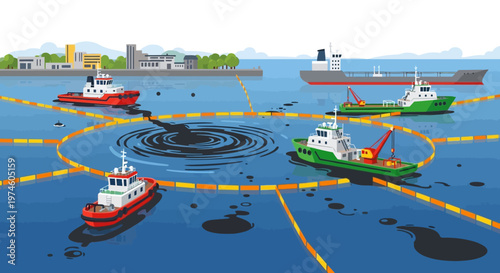 Oil Spill Cleanup Operation with Tugboats and Containment Booms.