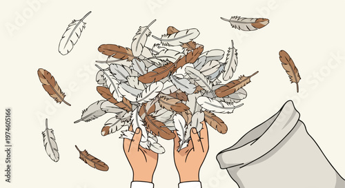 A pair of hands scoops a pile of brown and white bird feathers near a sack