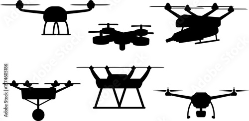 Drone vector black silhouette icons set, UAV Unmanned aerial vehicle, quadcopter with video camera or gun ammunition