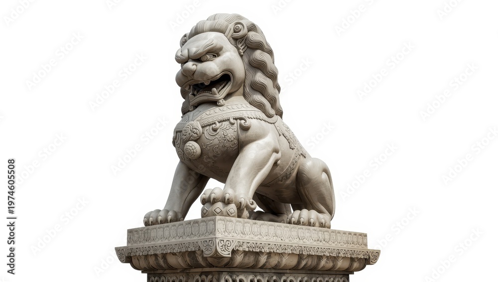 Fototapeta premium Isolated Chinese lion statue on white background with clipping path.