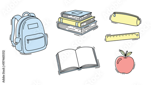 Essentials for Learning: An artistic arrangement of a schoolbag, books, and study essentials, all in a delightful sketch style, symbolizing preparation for education and the tools of knowledge.
