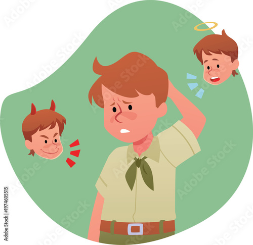 Confused boy with devil and angel on different sides, vector child feel doubtful about getting right or wrong decision