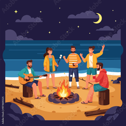 Friends gathered around a campfire on a beach under the moonlight at night