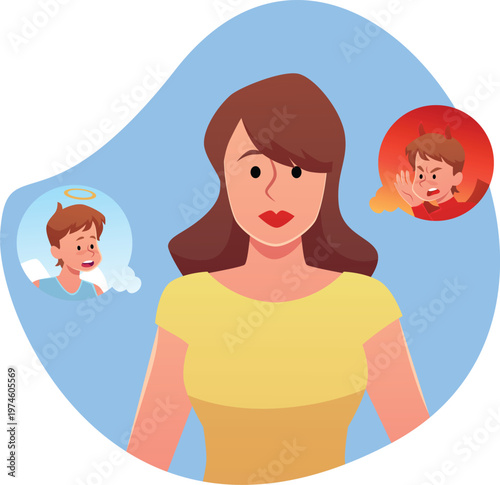 Confused young woman with devil and angel on different sides, feel unsure about getting right or wrong decision vector