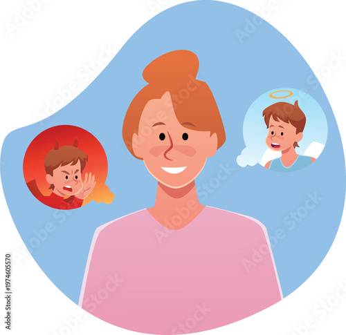 A smiling woman with the heads of an angel and a devil on either side.