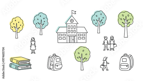 Schoolyard Sketch: A charming schoolyard scene, drawn in a whimsical style, depicts a school building, playful trees, backpacks, and students, inviting a sense of learning and community.